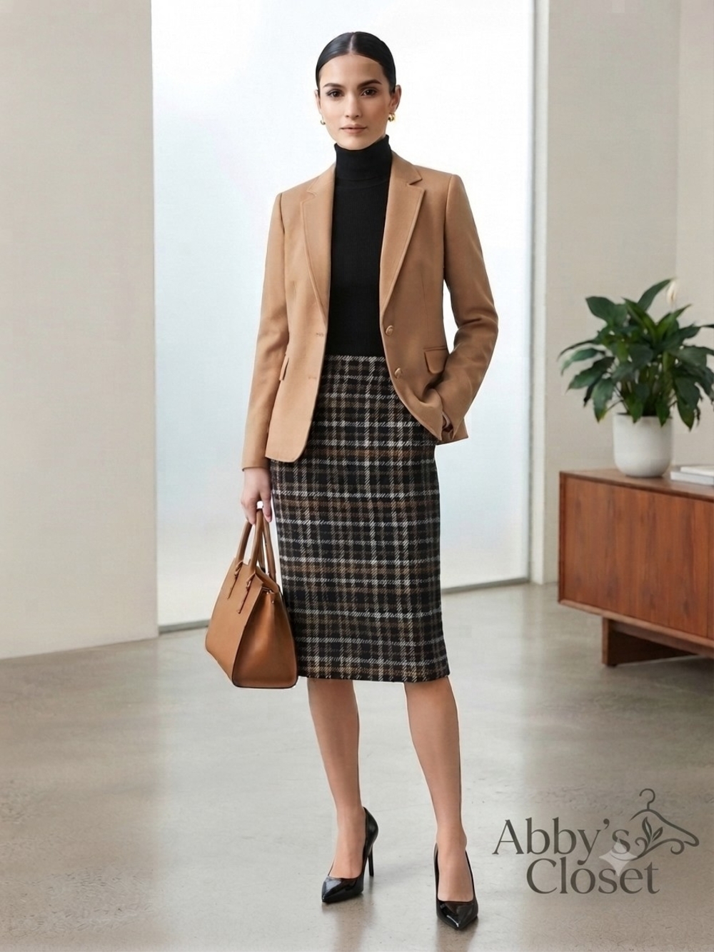 J.Jill Black Tan Plaid Ponte Knit Pencil Skirt – Size M- Petite